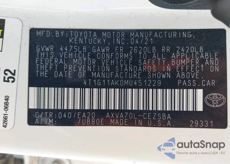 2021 Toyota Camry Se z USA, uszkodzony, nr VIN 4T1G11AK0MU451229